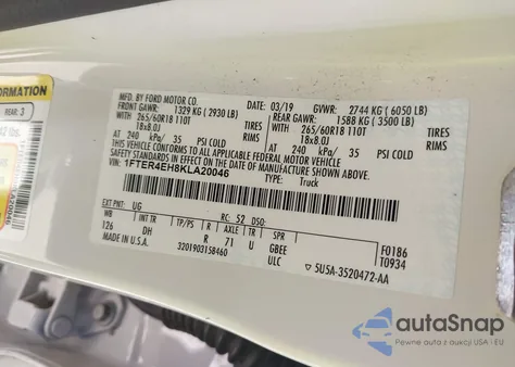 2019 Ford Ranger Lariat z USA, uszkodzony, nr VIN 1FTER4EH8KLA20046